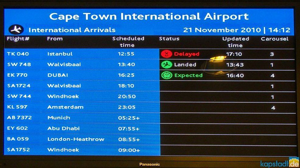 International Arrivals Monitor at Cape Town International
