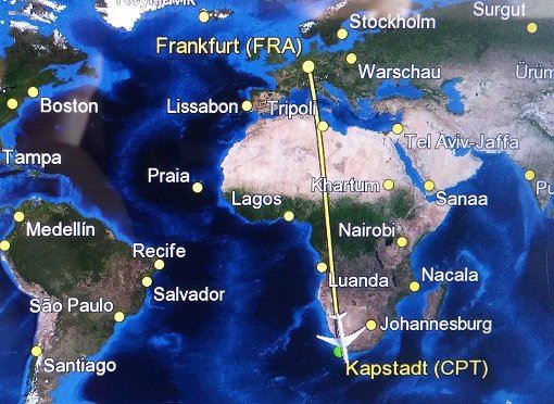 Karte: Lange Flugreise von Frankfurt nach Kapstadt