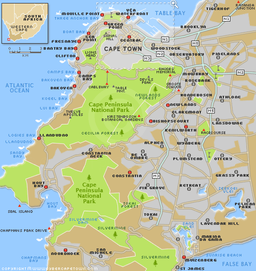 Karte der südlichen Vorstädte von Kapstadt