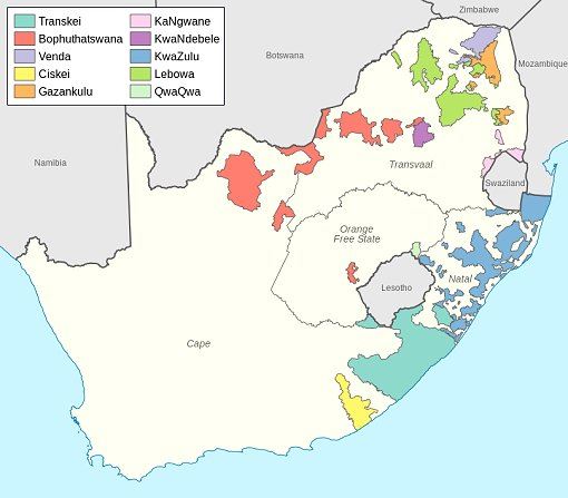 Karte der südafrikanischen Homelands